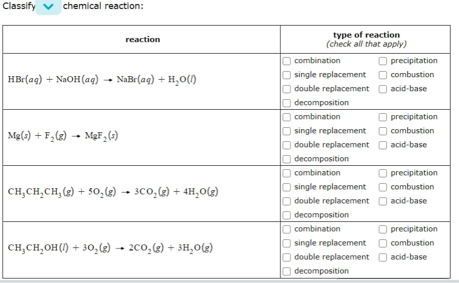 Classify v chemical reaction:
type of reaction
(check all that apply)
reaction
combination
precipitation
single replacement
combustion
HBr(aq) + NaOH(aq)
NaBr(aq) + H,о()
O double replacement
acid-base
decomposition
combination
precipitation
single replacement
combustion
Mg(s) + F2(g) → MgF, (s)
O double replacement
acid-base
decomposition
combination
precipitation
single replacement
combustion
CH;CH,CH;(g) + 50,(g)
3co, (g) + 4H,0(g)
double replacement
acid-base
decomposition
combination
precipitation
single replacement
combustion
CH;CH,OH(1) + 30,(g)
) →
2co, (g) + 3H,0(g)
double replacement
acid-base
decomposition
