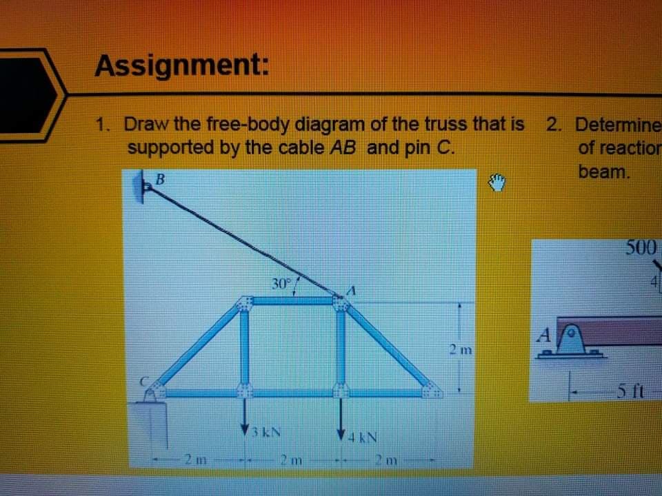 Assignment:
1. Draw the free-body diagram of the truss that is 2. Determine
of reaction
beam.
supported by the cable AB and pin C.
B
500
30
2 m
5 ft
NYFA
4kN
2 m
2m
2 m
