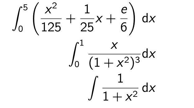 5
1
16 ( 125 + 2²5x + 6) dx
X
(1 + x²) 3 dx
/11x2 dx
1+x²