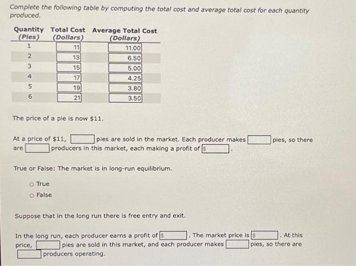 Complete the following table by computing the total cost and average total cost for each quantity
produced.
Quantity Total Cost Average Total Cost
(Pies)
(Dollars)
(Dollars)
1
2
3
4
5
6
11
13
15
17
19
21
The price of a pie is now $11.
At a price of $11,
are
11.00
6.50
5.00
4,25
3.80
3.50
pies are sold in the market. Each producer makes
producers in this market, each making a profit of S
True or False: The market is in long-run equilibrium.
o True
O False
Suppose that in the long run there is free entry and exit.
In the long run, each producer earns a profit of
price,
The market price is $
pies are sold in this market, and each producer makes
producers operating.
pies, so there
At this
pies, so there are