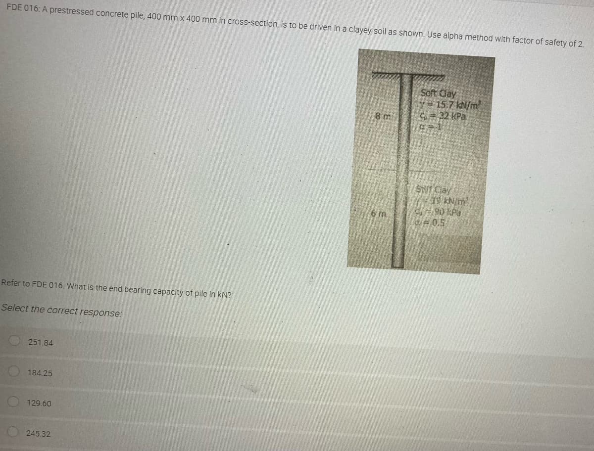 FDE 016: A prestressed concrete pile, 400 mm x 400 mm in cross-section, is to be driven in a clayey soil as shown. Use alpha method with factor of safety of 2.
Soft Clay
17-15.7 kN/m²
c=32 kPa
8 m
Stiff Clay
* = 19 kN/m²
Cu = 90 kPa
= 0.5
Refer to FDE 016. What is the end bearing capacity of pile in KN?
Select the correct response:
251.84
184.25
129.60
245.32
6 m.