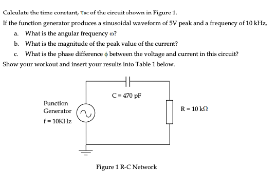 Calculate the time constant, Tac of the circuit shown in Figure 1.
If the function generator produces a sinusoidal waveform of 5V peak and a frequency of 10 kHz,
a. What is the angular frequency o?
b. What is the magnitude of the peak value of the current?
c. What is the phase difference o between the voltage and current in this circuit?
Show your workout and insert your results into Table 1 below.
C= 470 pF
%3D
Function
Generator
R = 10 k2
f = 10KHZ
Figure 1 R-C Network
