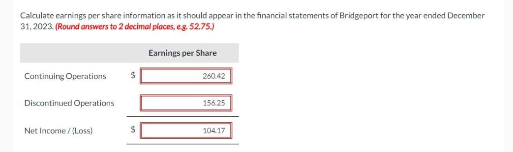 Calculate earnings per share information as it should appear in the financial statements of Bridgeport for the year ended December
31, 2023. (Round answers to 2 decimal places, e.g. 52.75.)
Continuing Operations
Discontinued Operations
Net Income /(Loss)
$
$
Earnings per Share
260.42
156.25
104.17