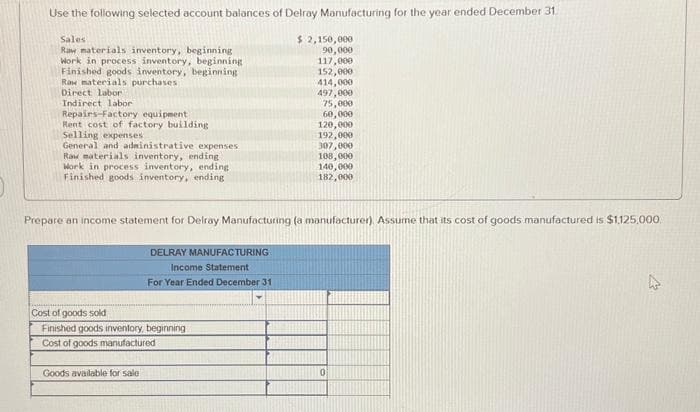 Use the following selected account balances of Delray Manufacturing for the year ended December 31
Sales
Raw materials inventory, beginning
Work in process inventory, beginning
Finished goods inventory, beginning
Raw materials purchases
Direct labor
Indirect labor
Repairs-Factory equipment
Rent cost of factory building
Selling expenses
General and administrative expenses
Raw materials inventory, ending
Work in process inventory, ending
Finished goods inventory, ending
DELRAY MANUFACTURING
Income Statement
For Year Ended December 31
Cost of goods sold
Finished goods inventory, beginning
Cost of goods manufactured i
Goods available for sale
$ 2,150,000
90,000
117,000
152,000
414,000
497,000
Prepare an income statement for Delray Manufacturing (a manufacturer). Assume that its cost of goods manufactured is $1,125,000
75,000
60,000
120,000
192,000
307,000
108,000
140,000
182,000
0