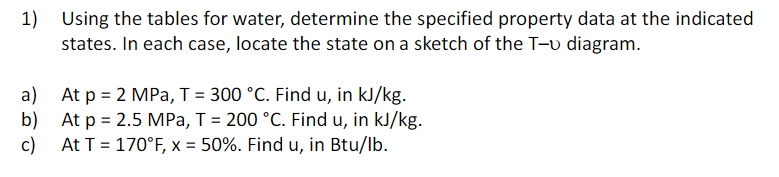 Using the tables for water, determine the specified property data at the indicated
states. In each case, locate the state on a sketch of the T-v diagram.
