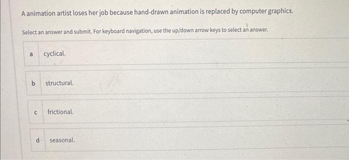 A animation artist loses her job because hand-drawn animation is replaced by computer graphics.
Select an answer and submit. For keyboard navigation, use the up/down arrow keys to select an answer.
a
cyclical.
b structural.
C frictional.
d
seasonal.