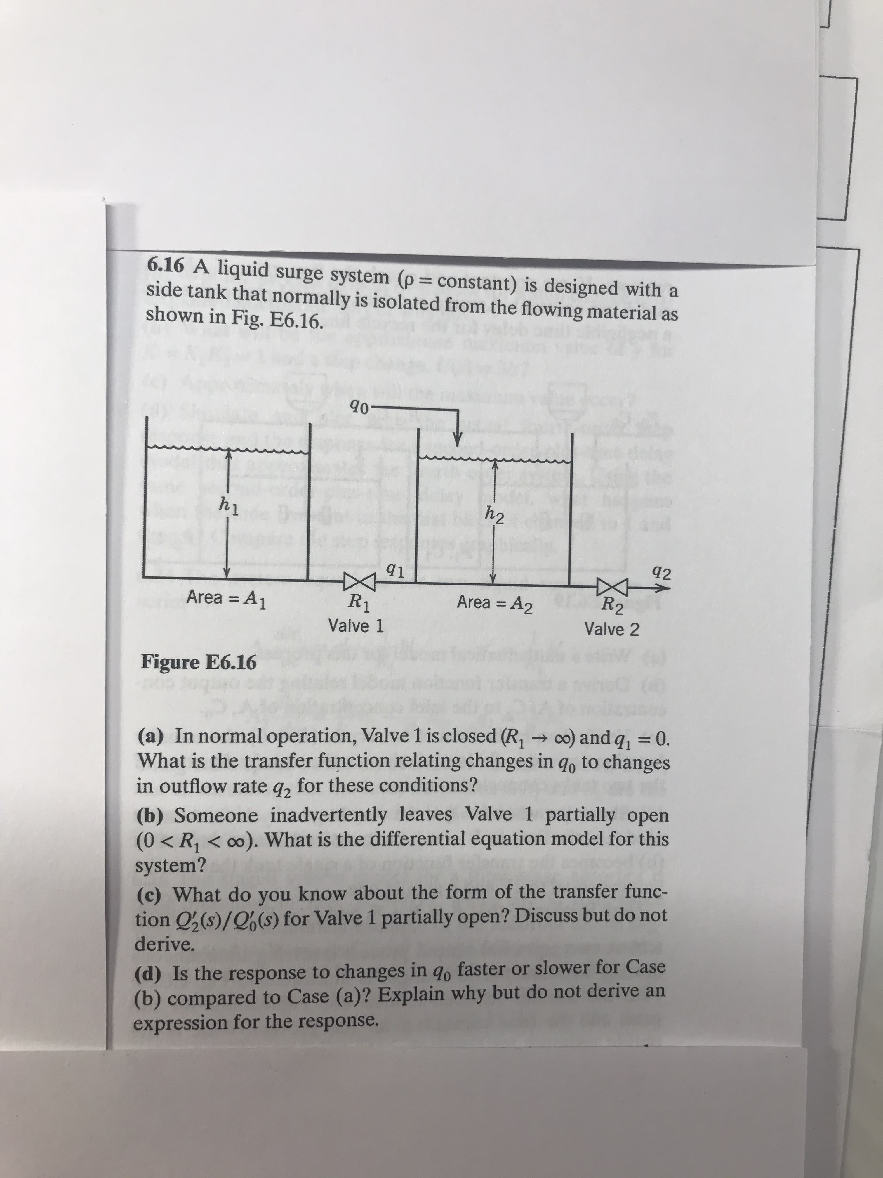 6.16 A liquid surge system (p= constant) is designed with a
side tank that normally is isolated from the flowing material as
shown in Fig. E6.16.
%3D
90-
h1
91
92
Area = A1
R1
Area = A2
R2
%3D
%3|
Valve 1
Valve 2
Figure E6.16
(a) In normal operation, Valve 1 is closed (R, → co) and q, = 0.
What is the transfer function relating changes in qo to changes
in outflow rate q, for these conditions?
%3D
(b) Someone inadvertently leaves Valve 1 partially open
(0 < R, < o0). What is the differential equation model for this
system?
(c) What do you know about the form of the transfer func-
tion Q(s)/Q6(s) for Valve 1 partially open? Discuss but do not
derive.
(d) Is the response to changes in qo faster or slower for Case
(b) compared to Case (a)? Explain why but do not derive an
expression for the response.
