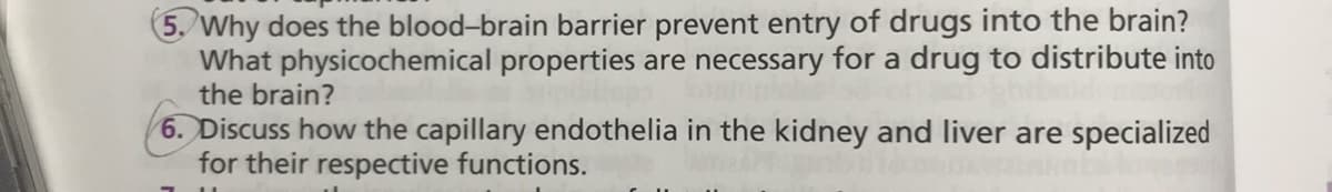 5. Why does the blood-brain barrier prevent entry of drugs into the brain?
What physicochemical properties are necessary for a drug to distribute into
the brain?
6. Discuss how the capillary endothelia in the kidney and liver are specialized
for their respective functions.
