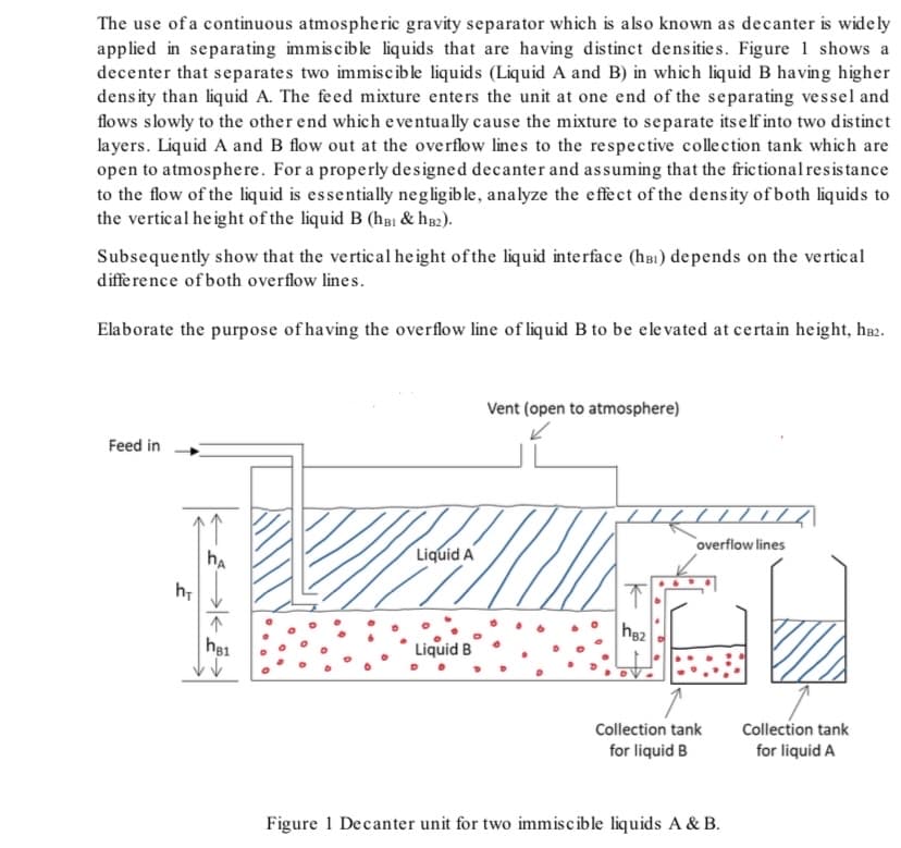 The use of a continuous atmospheric gravity separator which is also known as decanter is widely
applied in separating immiscible liquids that are having distinct densitie s. Figure 1 shows a
decenter that separates two immiscible liquids (Liquid A and B) in which liquid B having higher
density than liquid A. The feed mixture enters the unit at one end of the separating vessel and
flows slowly to the other end which e ventually cause the mixture to separate itself into two distinct
la yers. Liquid A and B flow out at the overflow lines to the respective collection tank which are
open to atmosphere. For a properly designed decanter and assuming that the frictional resis tance
to the flow of the liquid is essentially negligible, analyze the effect of the density of both liquids to
the vertical height of the liquid B (hgi & hg2).
Subsequently show that the vertical he ight of the liquid interface (hai) depends on the vertical
difference of both overflow lines.
Elaborate the purpose of having the overflow line of liquid B to be elevated at certain height, hr2.
Vent (open to atmosphere)
Feed in
overflow lines
ha
Liquid A
h82
he1
Liquid B
Collection tank
Collection tank
for liquid B
for liquid A
Figure 1 Decanter unit for two immiscible liquids A & B.
