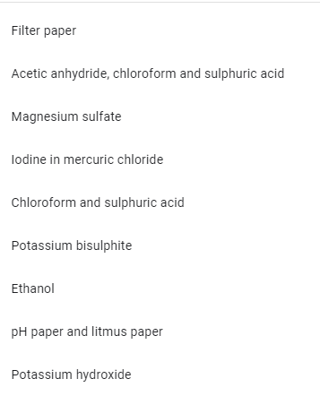 Filter paper
Acetic anhydride, chloroform and sulphuric acid
Magnesium sulfate
lodine in mercuric chloride
Chloroform and sulphuric acid
Potassium bisulphite
Ethanol
pH paper and litmus paper
Potassium hydroxide
