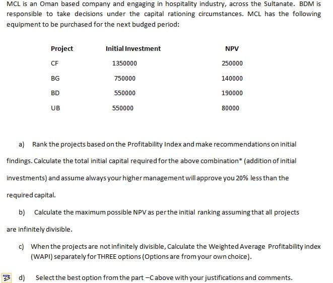 MCL is an Oman based company and engaging in hospitality industry, across the Sultanate. BDM is
responsible to take decisions under the capital rationing circumstances. MCL has the following
equipment to be purchased for the next budged period:
Project
Initial Investment
NPV
CF
1350000
250000
BG
750000
140000
BD
550000
190000
UB
550000
80000
a) Rank the projects based on the Profitability Index and make recommendations on initial
findings. Calculate the total initial capital required for the above combination* (addition of initial
investments) and assume always your higher management will approve you 20% less than the
required capital.
b) Calculate the maximum possible NPV as perthe initial ranking assuming that all projects
are infinitely divisible.
c) When the projects are not infinitely divisible, Calculate the Weighted Average Profitability index
(WAPI) separately for THREE options (Options are from your own choice).
多 d)
Select the best option from the part -Cabove with your justifications and comments.
