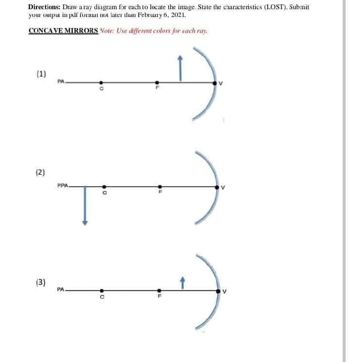 Directions: Draw aray diagram for each to locate the image. State the characteristics (LOST). Submit
your outpu in puf formal not later tlam February 6, 2021.
CONCAVE MIRRORS Note: Use different colors for each ray.
->
(1)
PA.
(2)
PPA.
(3)
PA.
