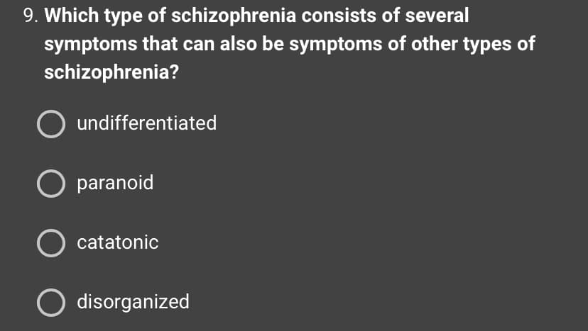 9. Which type of schizophrenia consists of several
symptoms that can also be symptoms of other types of
schizophrenia?
O undifferentiated
O paranoid
O catatonic
O disorganized