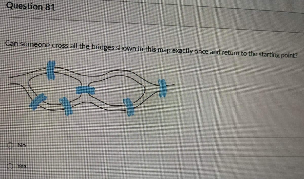 Question 81
Can someone cross all the bridges shown in this map exactly once and return to the starting point?
O No
O Yes
