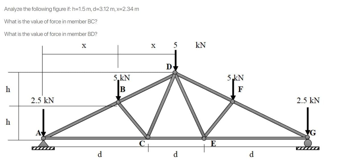 Analyze the following figure if: h=1.5 m, d=3.12 m, x=2.34 m
What is the value of force in member BC?
What is the value of force in member BD?
X
X
5
kN
5,kN
5 kN
h
B
F
2.5 kN
2.5 kN
h
G
E
d
d
d
