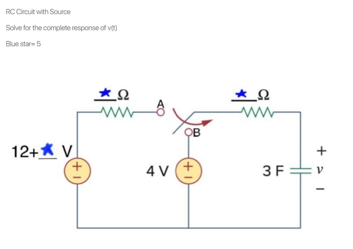 RC Circuit with Source
Solve for the complete response of v(t)
Blue star= 5
OB
12+* V
+
4 V
3 F
