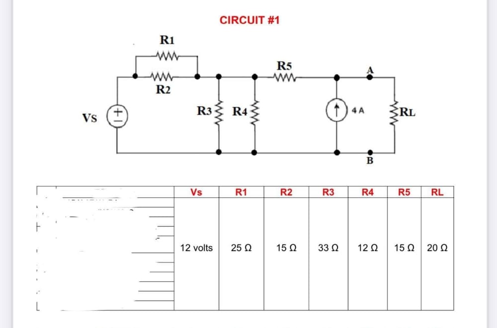 CIRCUIT #1
R1
R5
R2
R3
R4
RL
4 A
Vs
Vs
R1
R2
R3
R4
R5
RL
12 volts
25 Q
15 Q
33 Q
12 Q
15 Q
20 2
ww
