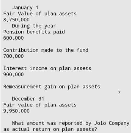 January 1
Fair Value of plan assets
8,750,000
During the year
Pension benefits paid
600,000
Contribution made to the fund
700,000
Interest income on plan assets
900,000
Remeasurement gain on plan assets
December 31
Fair value of plan assets
9,950,000
What amount was reported by Jolo Company
as actual return on plan assets?
