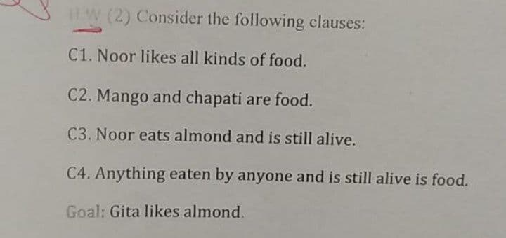 IW (2) Consider the following clauses:
C1. Noor likes all kinds of food.
C2. Mango and chapati are food.
C3. Noor eats almond and is still alive.
C4. Anything eaten by anyone and is still alive is food.
Goal: Gita likes almond.