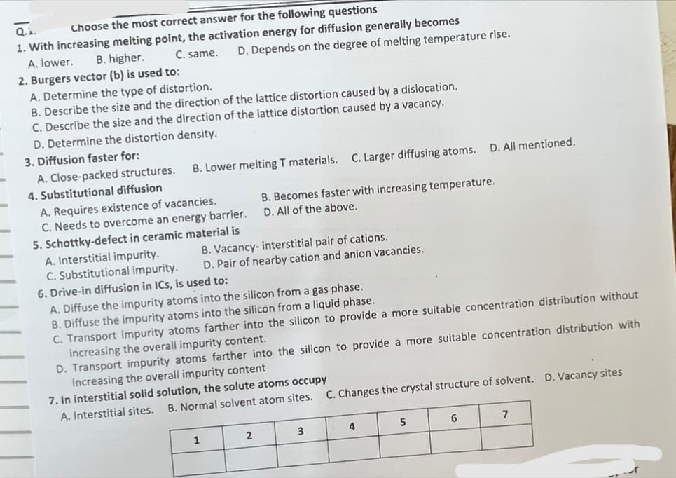 Q.₁.
Choose the most correct answer for the following questions
1. With increasing melting point, the activation energy for diffusion generally becomes
A. lower.
B. higher.
2. Burgers vector (b) is used to:
A. Determine the type of distortion.
B. Describe the size and the direction of the lattice distortion caused by a dislocation.
C. Describe the size and the direction of the lattice distortion caused by a vacancy.
D. Determine the distortion density.
3. Diffusion faster for:
A. Close-packed structures.
4. Substitutional diffusion
A. Requires existence of vacancies.
C. Needs to overcome an energy barrier.
5. Schottky-defect in ceramic material is
A. Interstitial impurity.
C. Substitutional impurity.
6. Drive-in diffusion in ICs, is used to:
C. same. D. Depends on the degree of melting temperature rise.
B. Lower melting T materials. C. Larger diffusing atoms.
1
B. Vacancy-interstitial pair of cations.
D. Pair of nearby cation and anion vacancies.
B. Becomes faster with increasing temperature.
D. All of the above.
A. Diffuse the impurity atoms into the silicon from a gas phase.
B. Diffuse the impurity atoms into the silicon from a liquid phase.
C. Transport impurity atoms farther into the silicon to provide a more suitable concentration distribution without
increasing the overall impurity content.
D. Transport impurity atoms farther into the silicon to provide a more suitable concentration distribution with
increasing the overall impurity content
7. In interstitial solid solution, the solute atoms occupy
B. Normal solvent atom sites.
A. Interstitial sites.
2
3
D. All mentioned.
C. Changes the crystal structure of solvent. D. Vacancy sites
4
5
6
7