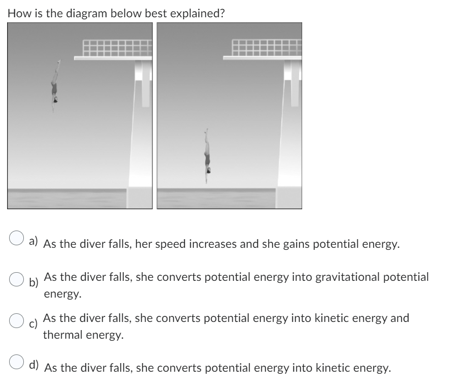 How is the diagram below best explained?
a) As the diver falls, her speed increases and she gains potential energy.
O b)
As the diver falls, she converts potential energy into gravitational potential
energy.
c)
As the diver falls, she converts potential energy into kinetic energy and
thermal energy.
d) As the diver falls, she converts potential energy into kinetic energy.