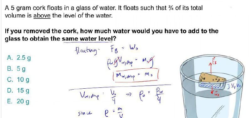 A 5 gram cork floats in a glass of water. It floats such that 4 of its total
volume is above the level of the water.
If you removed the cork, how much water would you have to add to the
glass to obtain the same water level?
flouting. Fs
- W,
A. 2.5 g
my
B. 5 g
M,
M.
C. 10 g
D. 15 g
E. 20 g
Sin e
