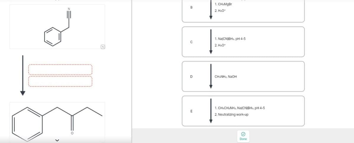 B
E
1. CH₂MgBr
2.HO
1. Na(CN)BH, pH 4-5
2.H₂O
CHÍNH, NAOH
1. CH CH2NH2, Na(CN)BH, pH 4-5
2. Neutralizing work-up
Done