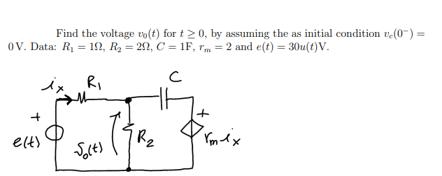 Find the voltage vo(t) for t≥ 0, by assuming the as initial condition ve(0¯)=
0V. Data: R₁ = 1, R₂ = 2N, C = 1F, rm = 2 and e(t) = 30u(t)V.
с
R₁
ix
e(t)
Solt)
+
rm-ex