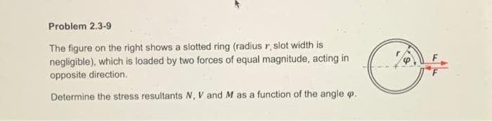 Problem 2.3-9
The figure on the right shows a slotted ring (radius r, slot width is
negligible), which is loaded by two forces of equal magnitude, acting in
opposite direction.
Determine the stress resultants N, V and M as a function of the angle op.