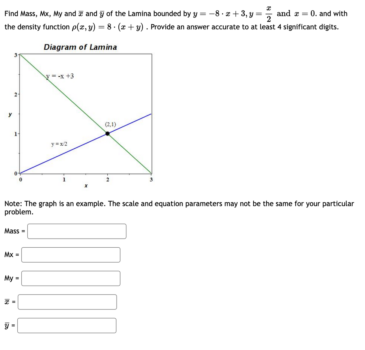 X
and x =
=
2
Find Mass, Mx, My and ☎ and y of the Lamina bounded by y = -8.x + 3, y
the density function p(x, y) = 8 ⋅ (x + y). Provide an answer accurate to at least 4 significant digits.
Diagram of Lamina
y
2
1-
Mass =
MX =
My =
y
x =
0
=
y = -x +3
y = x/2
Note: The graph is an example. The scale and equation parameters may not be the same for your particular
problem.
1
(2,1)
2
3
= 0. and with