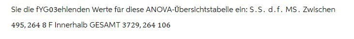 Sie die fYG03ehlenden Werte für diese ANOVA-Übersichtstabelle ein: S.S. d.f. MS. Zwischen
495, 264 8 F Innerhalb GESAMT 3729,264 106