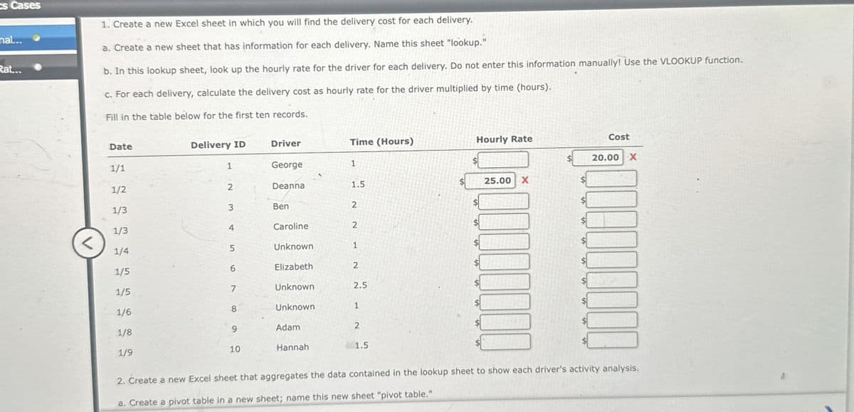 Cs Cases
1. Create a new Excel sheet in which you will find the delivery cost for each delivery.
nal...
a. Create a new sheet that has information for each delivery. Name this sheet "lookup."
Rat...
b. In this lookup sheet, look up the hourly rate for the driver for each delivery. Do not enter this information manually! Use the VLOOKUP function.
c. For each delivery, calculate the delivery cost as hourly rate for the driver multiplied by time (hours).
Fill in the table below for the first ten records.
Date
Delivery ID
Driver
Time (Hours)
Hourly Rate
Cost
20.00 X
1
George
1
1/1
25.00 X
2
Deanna
1.5
1/2
2
3
Ben
1/3
4
Caroline
2
1/3
<
5
Unknown
1
1/4
6
Elizabeth
2
1/5
7
Unknown
2.5
1/5
8
Unknown
1
1/6
9
Adam
2
1/8
10
Hannah
1.5
1/9
2. Create a new Excel sheet that aggregates the data contained in the lookup sheet to show each driver's activity analysis.
a. Create a pivot table in a new sheet; name this new sheet "pivot table."