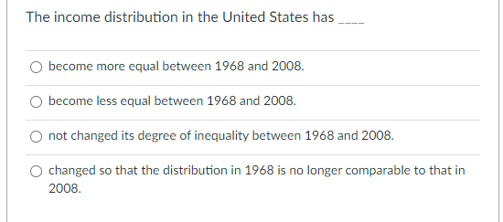 The income distribution in the United States has
become more equal between 1968 and 2008.
become less equal between 1968 and 2008.
not changed its degree of inequality between 1968 and 2008.
O changed so that the distribution in 1968 is no longer comparable to that in
2008.