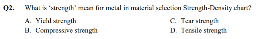 Q2.
What is 'strength’ mean for metal in material selection Strength-Density chart?
A. Yield strength
B. Compressive strength
C. Tear strength
D. Tensile strength
