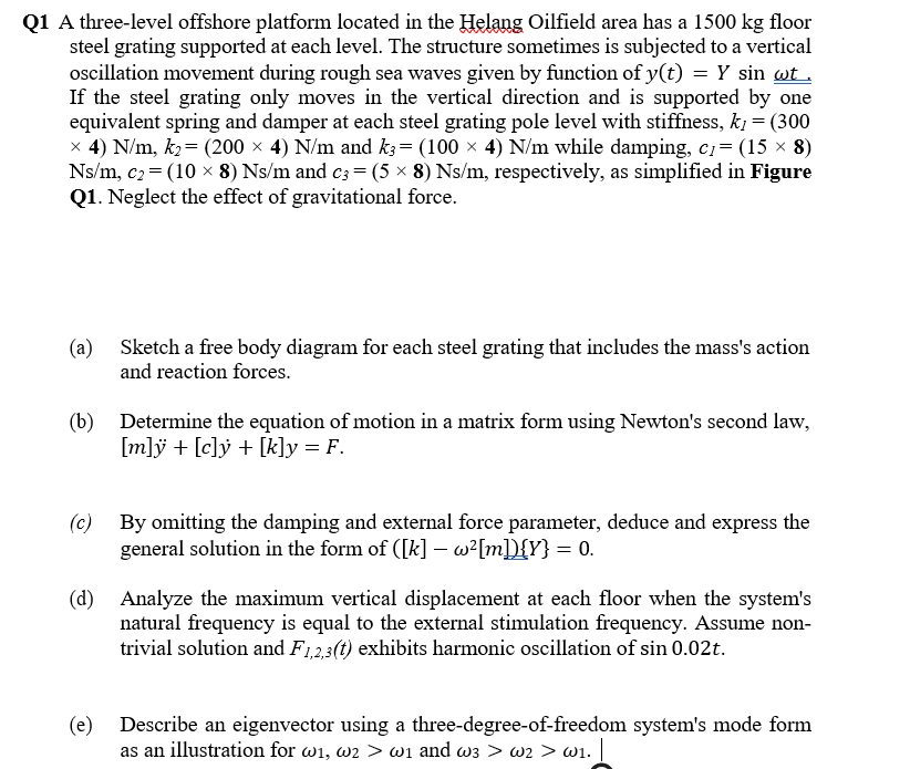 Q1 A three-level offshore platform located in the Helang Oilfield area has a 1500 kg floor
steel grating supported at each level. The structure sometimes is subjected to a vertical
oscillation movement during rough sea waves given by function of y(t) = Y sin wt .
If the steel grating only moves in the vertical direction and is supported by one
equivalent spring and damper at each steel grating pole level with stiffness, k; = (300
x 4) N/m, k2= (200 × 4) N/m and k3= (100 × 4) N/m while damping, c= (15 × 8)
Ns/m, c2 = (10 × 8) Ns/m and c3 = (5 × 8) Ns/m, respectively, as simplified in Figure
Q1. Neglect the effect of gravitational force.
(a) Sketch a free body diagram for each steel grating that includes the mass's action
and reaction forces.
(b) Determine the equation of motion in a matrix form using Newton's second law,
[m]ÿ + [c]ý + [k]y = F.
(c) By omitting the damping and external force parameter, deduce and express the
general solution in the form of ([k] – w²[m]){Y} = 0.
(d) Analyze the maximum vertical displacement at each floor when the system's
natural frequency is equal to the external stimulation frequency. Assume non-
trivial solution and F1,2,3(t) exhibits harmonic oscillation of sin 0.02t.
(e)
Describe an eigenvector using a three-degree-of-freedom system's mode form
as an illustration for wi, w2 > wi and w3 > w2 > wi.
