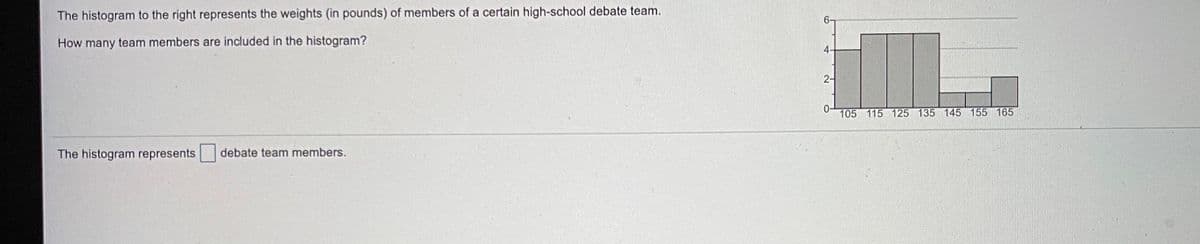 The histogram to the right represents the weights (in pounds) of members of a certain high-school debate team.
How many team members are included in the histogram?
4-
2-
105 115 125 135 145 155 165
The histogram represents
debate team members.
