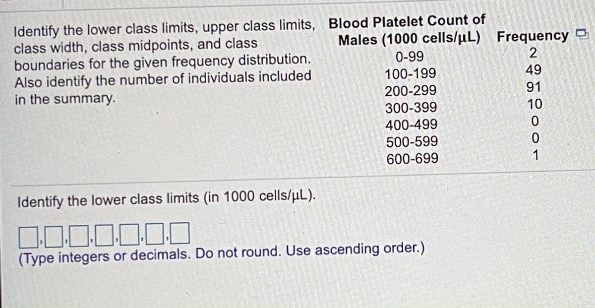 Identify the lower class limits, upper class limits, Blood Platelet Count of
class width, class midpoints, and class
boundaries for the given frequency distribution.
Also identify the number of individuals included
in the summary.
Males (1000 cells/uL)
Frequency D
0-99
100-199
49
200-299
91
300-399
10
400-499
500-599
600-699
1
Identify the lower class limits (in 1000 cells/uL).
10
(Type integers or decimals. Do not round. Use ascending order.)
