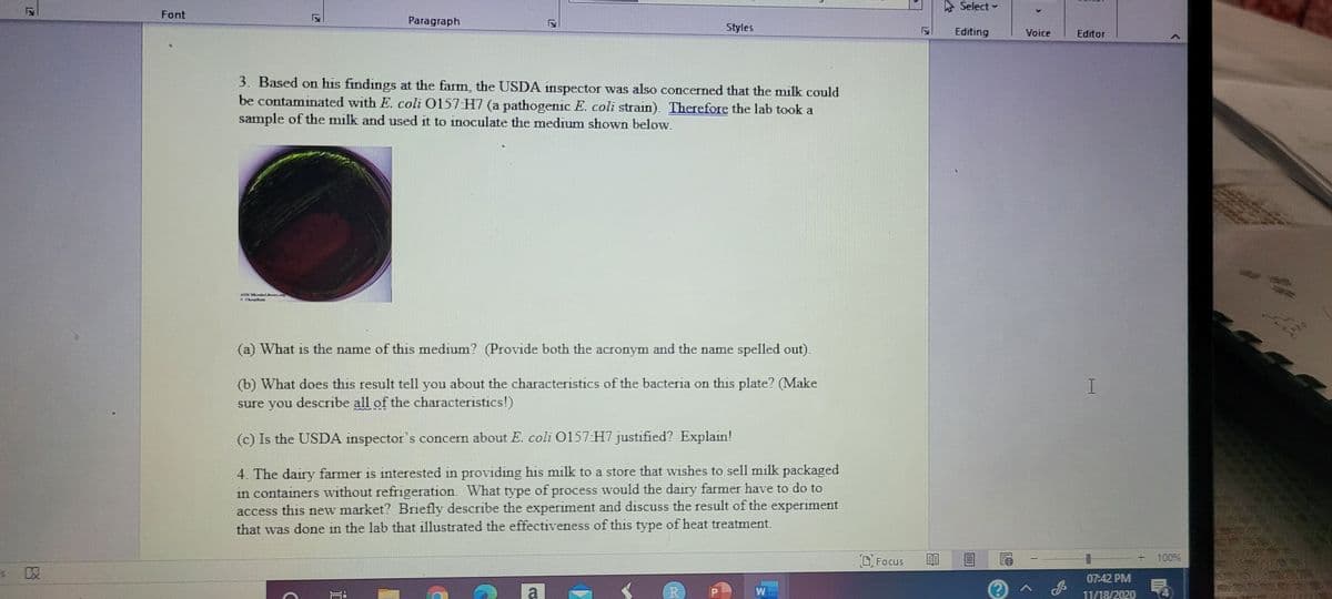 Select -
Font
Paragraph
Styles
Editing
Voice
Editor
3. Based on his findings at the farm, the USDA inspector was also concerned that the milk could
be contaminated with E. coli 0157 H7 (a pathogenic E. coli strain). Therefore the lab took a
sample of the milk and used it to inoculate the medium shown below.
(a) What is the name of this medium? (Provide both the acronym and the name spelled out).
(b) What does this result tell you about the characteristics of the bacteria on this plate? (Make
sure you describe all of the characteristics!)
(c) Is the USDA inspector's concern about E. coli O157:H7 justified? Explain!
4. The dairy farmer is interested in providing his milk to a store that wishes to sell milk packaged
in containers without refrigeration. What type of process would the dairy farmer have to do to
access this new market? Briefly describe the experiment and discuss the result of the experiment
that was done in the lab that illustrated the effectiveness of this type of heat treatment.
O Focus
+ 100%
07:42 PM
a
R
W
11/18/2020
12
