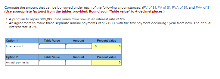 Compute the amount that can be borrowed under each of the following circumstances: (PV of $1. FV of $1. PVA of $1. and FVA of $1)
(Use appropriate factor(s) from the tables provided. Round your "Table value" to 4 decimal places.)
1. A promise to repay $99,000 nine years from now at an interest rate of 9%.
2. An agreement to make three separate annual payments of $12,000, with the first payment occurring 1 year from now. The annual
interest rate is 3%.
Option 1
Loan amount
Option 2
Annual payments
Table Value
Table Value
Amount
Amount
Present Value
Present Value
0