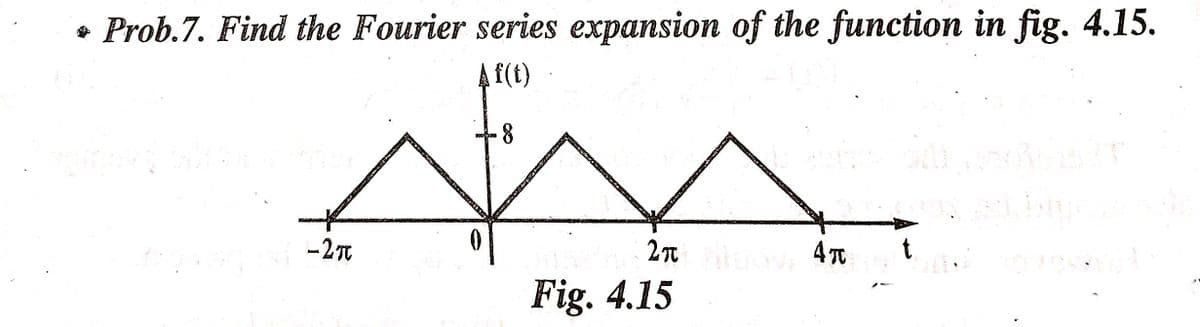 • Prob.7. Find the Fourier series expansion of the function in fig. 4.15.
A f(t)
4TO
Fig. 4.15
