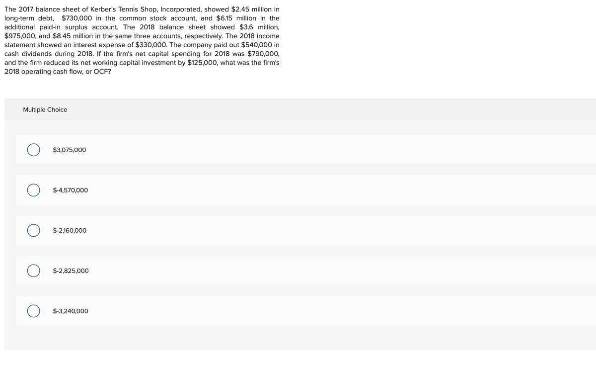 The 2017 balance sheet of Kerber's Tennis Shop, Incorporated, showed $2.45 million in
long-term debt, $730,000 in the common stock account, and $6.15 million in the
additional paid-in surplus account. The 2018 balance sheet showed $3.6 million,
$975,000, and $8.45 million in the same three accounts, respectively. The 2018 income
statement showed an interest expense of $330,000. The company paid out $540,000 in
cash dividends during 2018. If the firm's net capital spending for 2018 was $790,000,
and the firm reduced its net working capital investment by $125,000, what was the firm's
2018 operating cash flow, or OCF?
Multiple Choice
O
O
$3,075,000
$-4,570,000
$-2,160,000
$-2,825,000
$-3,240,000