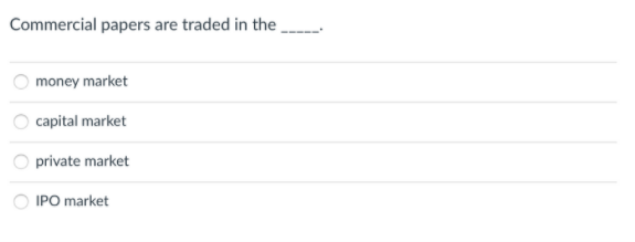 Commercial papers are traded in the
money market
capital market
private market
IPO market
O O O
