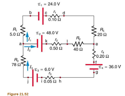 E, = 24.0 V
%3D
0.10 2
R,
5.0 Ω
Rs
20Ω
E2 = 48.0 V
R2
0.50 Ω
40 2
0.20 2
R3
78 Ω
E = 36.0 V
Ez = 6.0 V
i 0.05 Ω h
Figure 21.52
