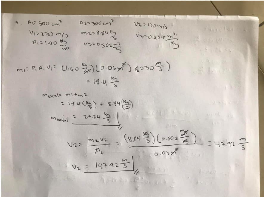 3. A: Sou cm3
V1:230 m/s
P1:1-00 MS
A2:300cm2
m2: 8.842
12:0502
Mi: P. A, V, = C1.40 (2) (0.05m²) (2303)
= 18.4 2
mtotal: mitm 2
=
18.4 (1층) + 8.89(등)
=
27.24 몽
m total
V2=
V2
mmzvz
M2V2
A2
V3=130m/s
v320.437 m3
s
= 147.92 문
(심u 층) (o.s02 중) : 143.92㎡
(8.84 동)
10.03 10
19921st
49