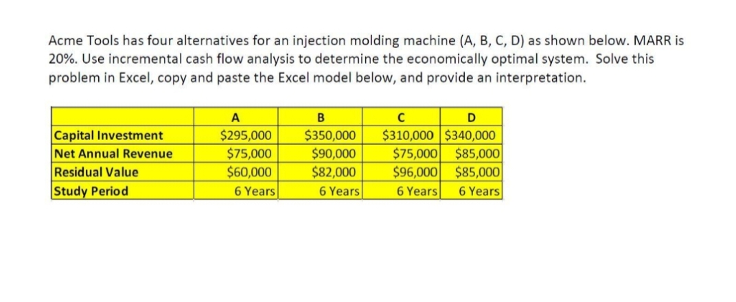 Acme Tools has four alternatives for an injection molding machine (A, B, C, D) as shown below. MARR is
20%. Use incremental cash flow analysis to determine the economically optimal system. Solve this
problem in Excel, copy and paste the Excel model below, and provide an interpretation.
A
B
C
D
Capital Investment
$295,000
$350,000
$310,000 $340,000
Net Annual Revenue
$75,000
$90,000
$75,000 $85,000
Residual Value
$60,000
$82,000
$96,000
$85,000
Study Period
6 Years
6 Years
6 Years
6 Years