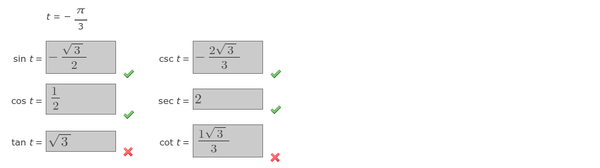 t = -
3
V3
2/3
sin t=
Csc t=
3
1
os t=
sec t = 2
1v3
tan t = V3
cot t =
3
