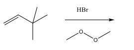 **Alkene Hydrohalogenation Reaction**

In the provided image, we can observe an example of an electrophilic addition reaction, specifically the hydrohalogenation of an alkene.

**Chemical Equation:**

\[ \mathrm{CH_2=CH-CH_3 + HBr \rightarrow CH_3-CH(Br)-CH_3} \]

- **Starting Material:** The left side of the image showcases an alkene with the molecular formula \(\mathrm{CH_2=CH-CH_3}\). Alkenes are hydrocarbons that feature a carbon-carbon double bond.

- **Reagent:** An \( \mathrm{HBr} \) molecule is shown as the reagent. Hydrohalogenation involves the addition of a hydrogen halide (in this case, hydrogen bromide) to an alkene, resulting in the formation of a haloalkane (alkyl halide).

- **Mechanism and Product:** The reaction proceeds with the double bond being broken and an addition of hydrogen and bromine atoms across the former double bond. The product formed is shown on the right side of the arrow. The final product is a bromoalkane where the bromine atom is added to the carbon with the greater number of hydrogen atoms (Markovnikov's rule).

This transformation converts an alkene into a more reactive alkyl halide compound.