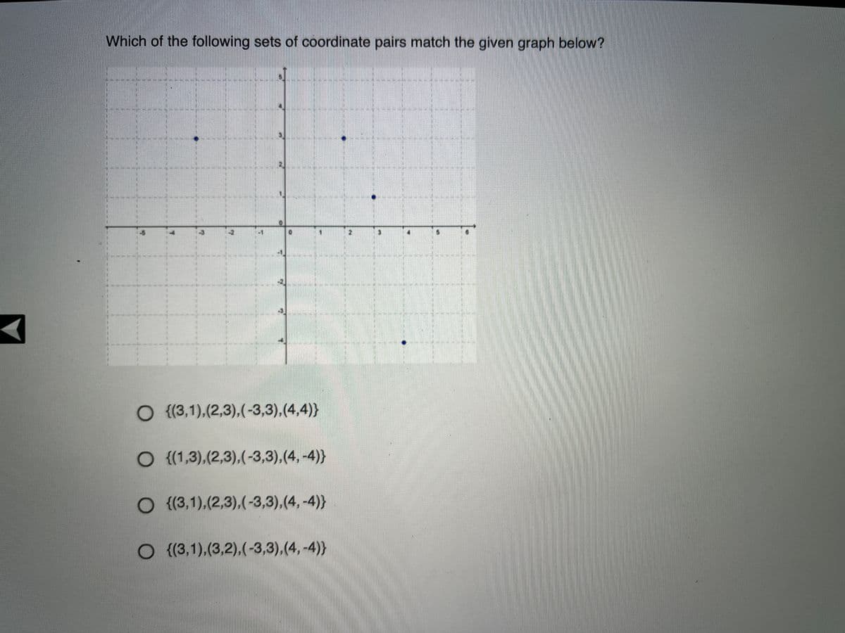 Which of the following sets of coordinate pairs match the given graph below?
O {(3,1),(2,3),(-3,3),(4,4)}
O {(1,3),(2,3),(-3,3),(4, -4)}
O ((3,1),(2,3),(-3,3),(4, -4)}
O (3,1).(3,2),(-3,3),(4, -4)}
