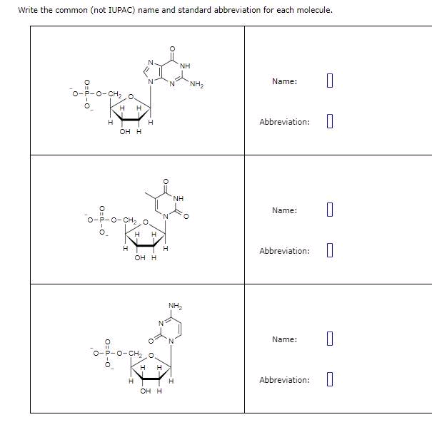 Write the common (not IUPAC) name and standard abbreviation for each molecule.
o
9=8-0
O-CH,
H
O=d-0
H H
O=d-0
OH H
انه
H
O-CHO
H
9
H H
OH H
N
Fo
H H
OH H
H
NH
NH
NH₂
H
NH₂
Name: 0
Abbreviation: 0
Name: 1
Abbreviation: 0
Name: 0
Abbreviation: 0