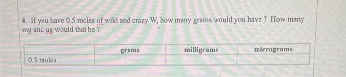 4. If you have 0.5 moles of wild and crazy W, how many grams would you have? How many
mg and ug would that be ?
0.5 moles
grams
milligrams
micrograms